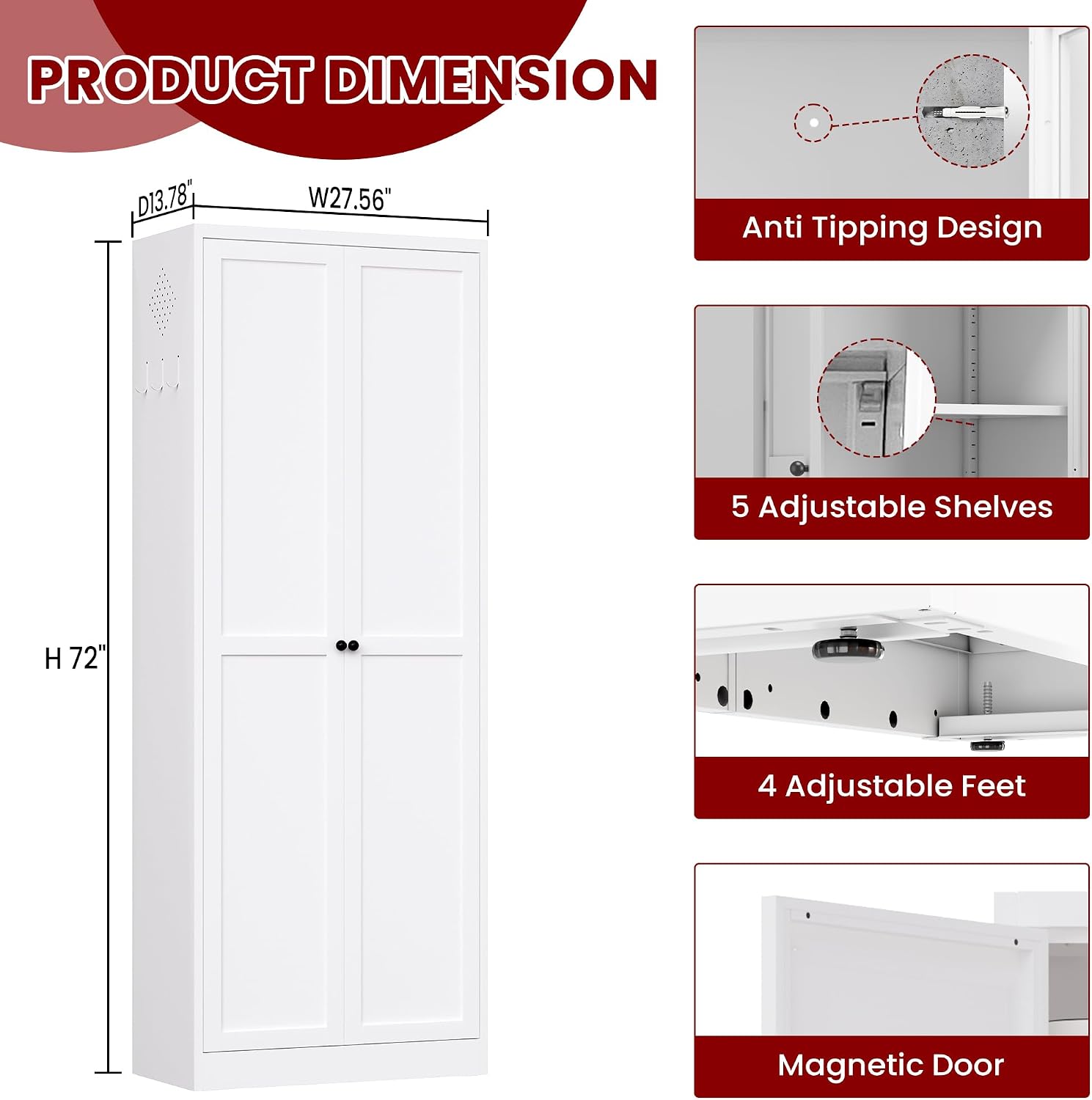 AQY Metal Pantry Cabinet with Doors & Shelves, 61” Tall White Kitchen Storage Cabinet, Freestanding Pantry Organizer for Kitchen, Living Room, Garage, Adjustable Shelves, Heavy-Duty Steel Storage Cabi