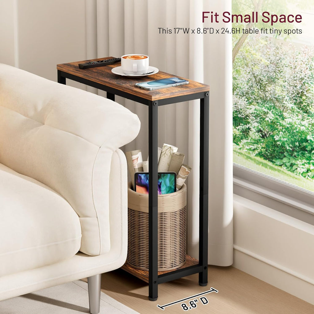 SLEEPING LAMB Narrow End Tables Living Room Set of 2 Small Side Table for Small Space, 2 Tier Slim Skinny Night Stand for Bedroom, Couch Beside Nightstands, Rustic Brown and Classic Black