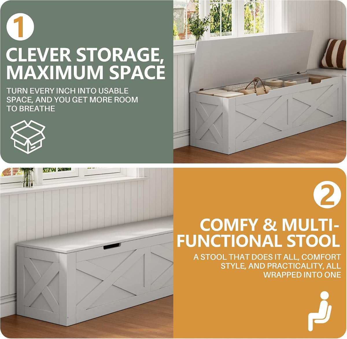 Mekminop Kitchen Breakfast Nook Bench with Cushions, L Shape Corner Storage Bench, Wood Flip-Top Dining Benches with Hidden Storage, for Reading Nook, Entryway, Cloakroom, White + Grey