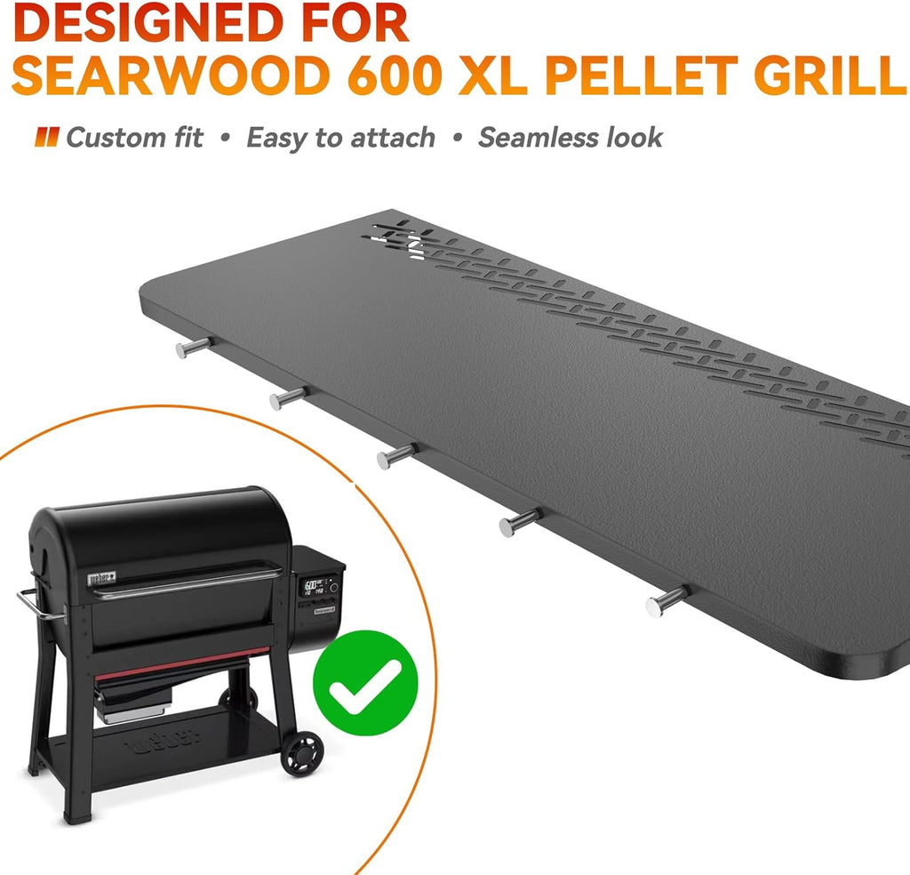 36" Front Folding Table for Weber Searwood 600 XL Pellet Grill with 5 Tool Hooks, Grill BBQ Prep Table Accessory, 425+ Sq In Workspace, 40 lb Load Capacity, Locking Fold-Down Design