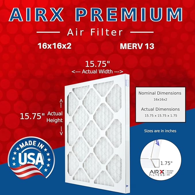 AIRX FILTERS WICKED CLEAN AIR. 16x16x2 Air Filter MERV 13 Electrostatic Pleated Air Conditioner Filter 6 Pack HVAC AC Furnace Filters