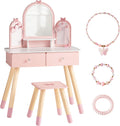 ROBOTIME Pink Kids Vanity Set with Butterfly Mirror Stool Age 3+, 39in×27in | Dress-up and makeup pretend play, butterfly mirror with stool and 2 drawers, builds confidence, birthday gift for age 3+