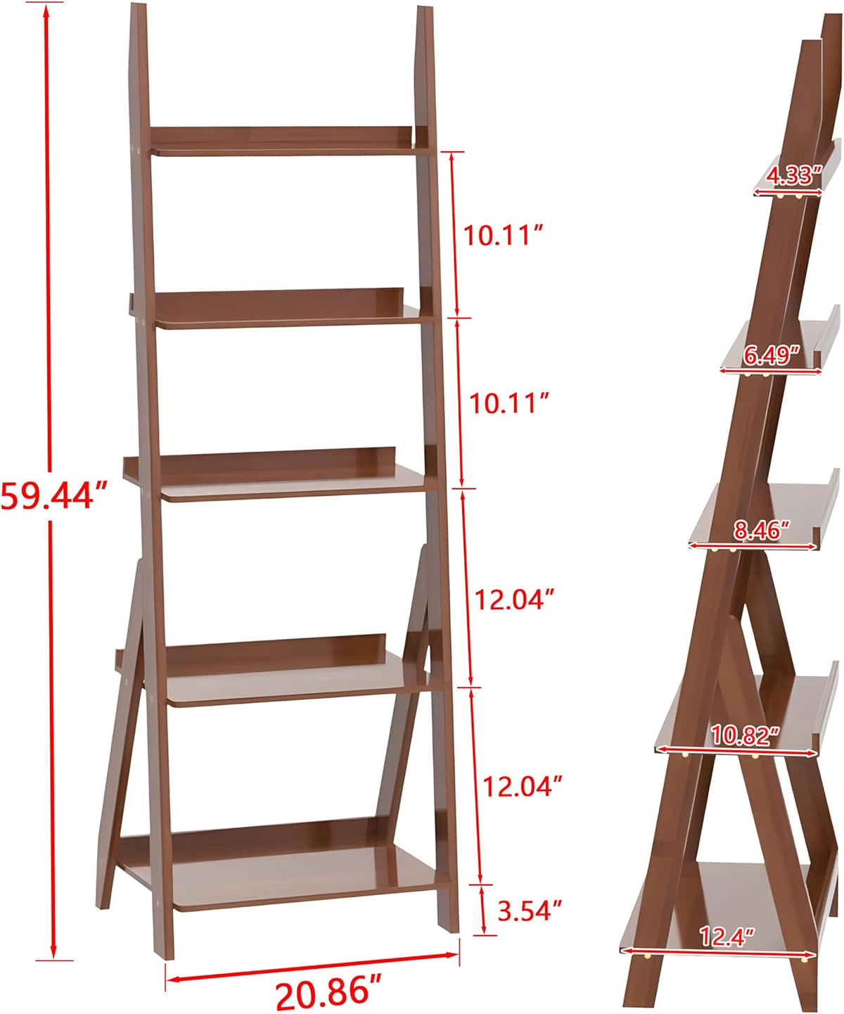 DOUSY-5-Tier Ladder Shelf Bookcase, Bamboo Ladder Bookshelf Leaning Book Shelf, Freestanding Storage Shelf Boho for Living Room, Home Office, Bedroom, Balcony, Dark Walnut