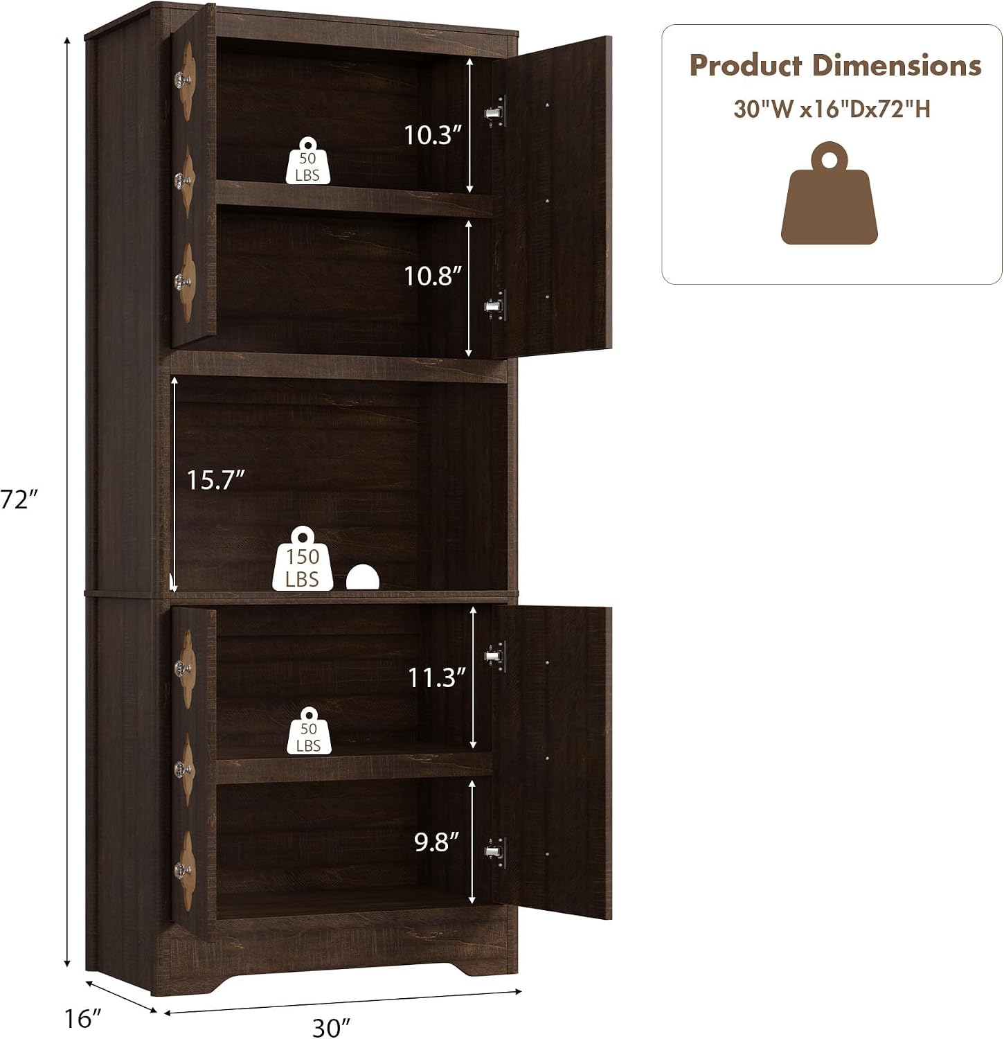 IDEALHOUSE Mid Century Modern Kitchen Pantry Cabinet, 72" Tall Storage Cabinet with Microwave Shelf, Wooden Freestand Cupboard with Carved Flower Door & Crystal Handle, for Dining Room