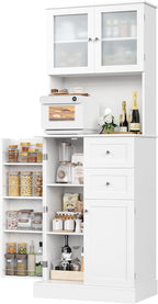 BOTLOG 72" Tall Kitchen Pantry Storage Cabinet with 4-Tier Door Shelves | Kitchen Hutch Cabinet with 2 Drawers, Frosted Glass Door for Dining Room, Modern White, Space-saving, apartment, small room