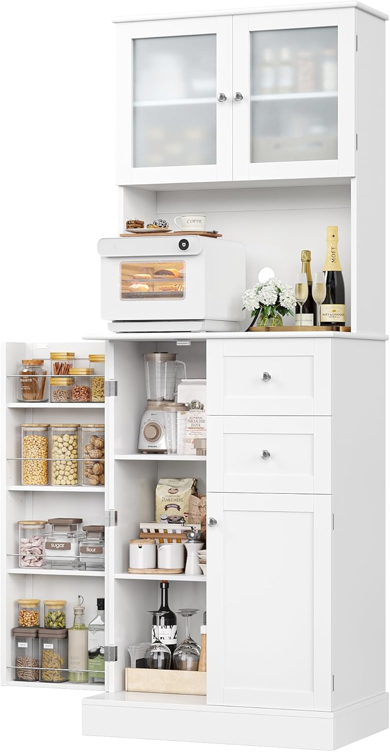 BOTLOG 72" Tall Kitchen Pantry Storage Cabinet with 4-Tier Door Shelves | Kitchen Hutch Cabinet with 2 Drawers, Frosted Glass Door for Dining Room, Modern White, Space-saving, apartment, small room