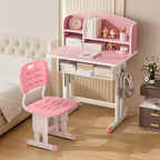 hatleues Kids Desk and Chair Set for 3-12 Year Old, Height Adjustable School Study Desk with Storage Drawer & Book Stand, Ergonomic Student Writing Table for Girls Boys Pink