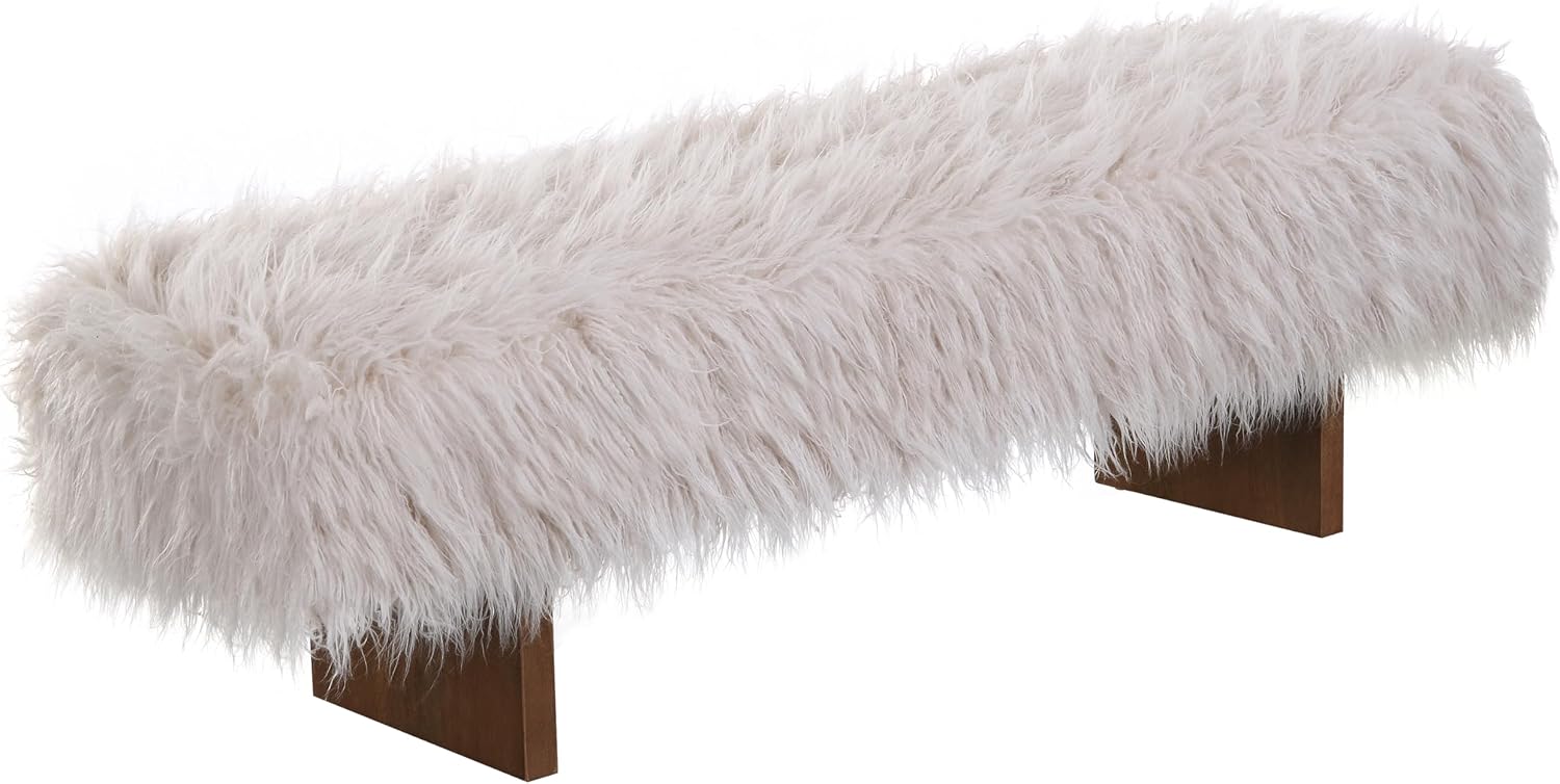 Christopher Knight Home Lenka 67" Long-haired Faux Wool Bedroom Bench, Rubberwood Ottoman Bench, Spacious Seating, Long Footstool for Living Room, Luxury Entryway Bench, Brown+Beige