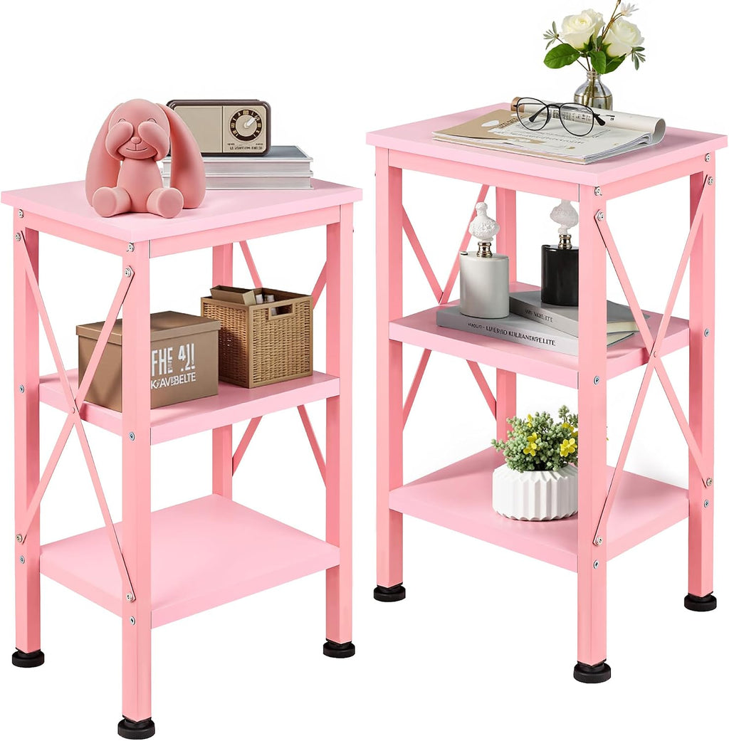VECELO End Side Table Night Stand Set of 2,X-Design with Storage Shelf for Bedroom,Living Room,Pink