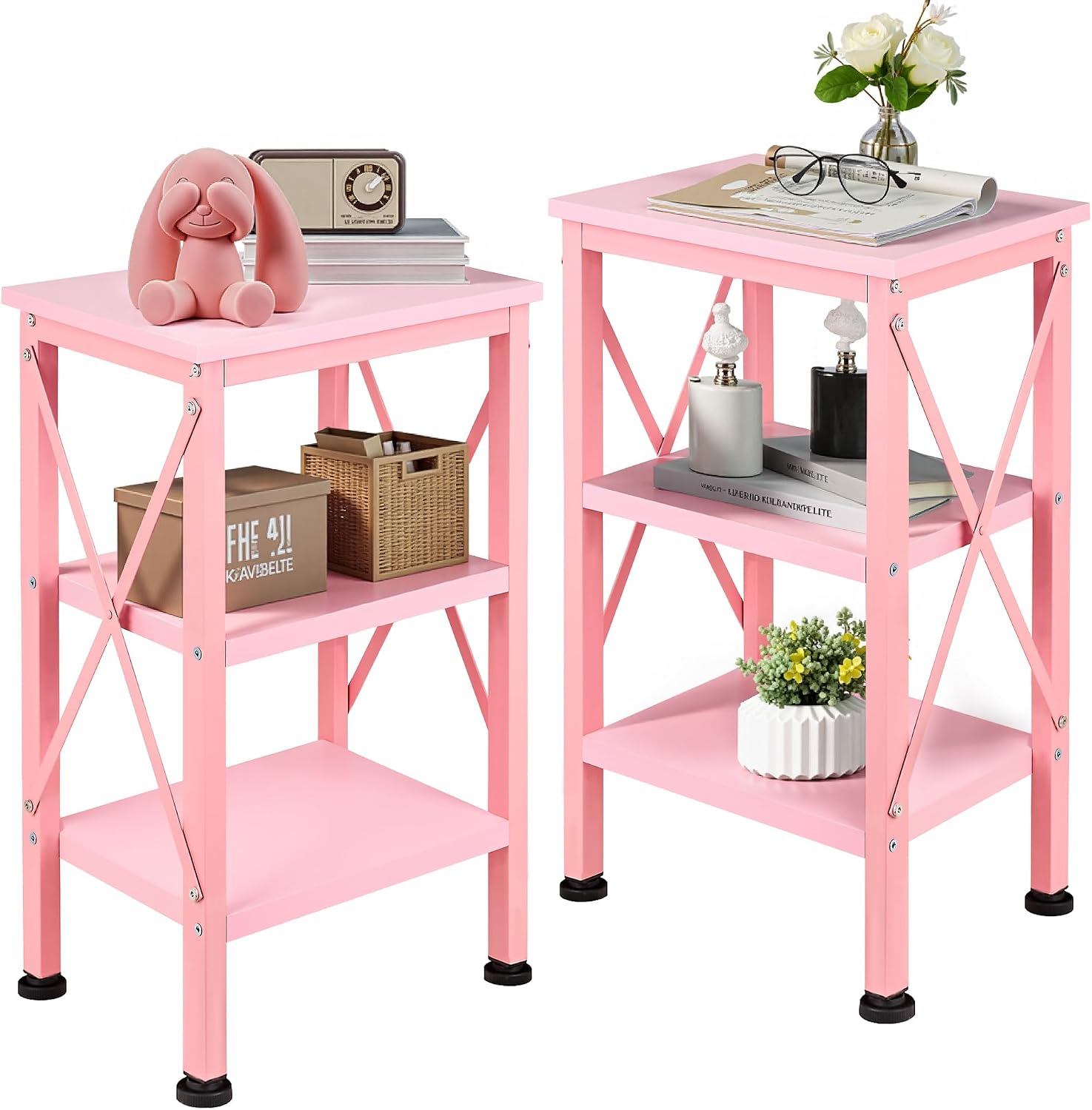 VECELO End Side Table Night Stand Set of 2,X-Design with Storage Shelf for Bedroom,Living Room,Pink