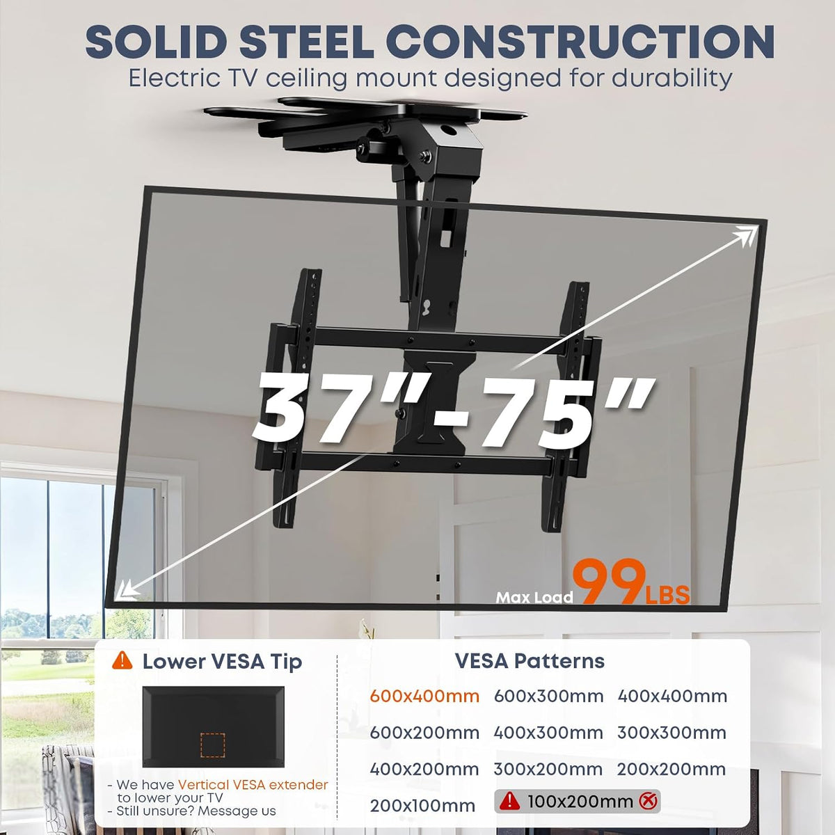 Motorized Ceiling TV Mount Flip Down with Remote for 37-75‘’ TVs, Black | Space Saving and Adjustabe, Fits Flat and Pitched Roof, Electric Drop Down TV Mount, Max VESA 600x400 mm, Max holds 99lbs