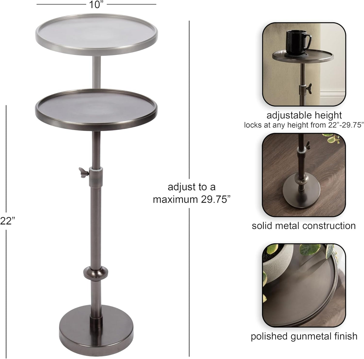 Kate and Laurel Engles Traditional Adjustable-Height Pedestal Drink Table, 10 x 10 x 30, Polished Gunmetal, Vintage Round Living Room Pedestal Table for Indoor Plant Stand with Protective Tabletop Lip