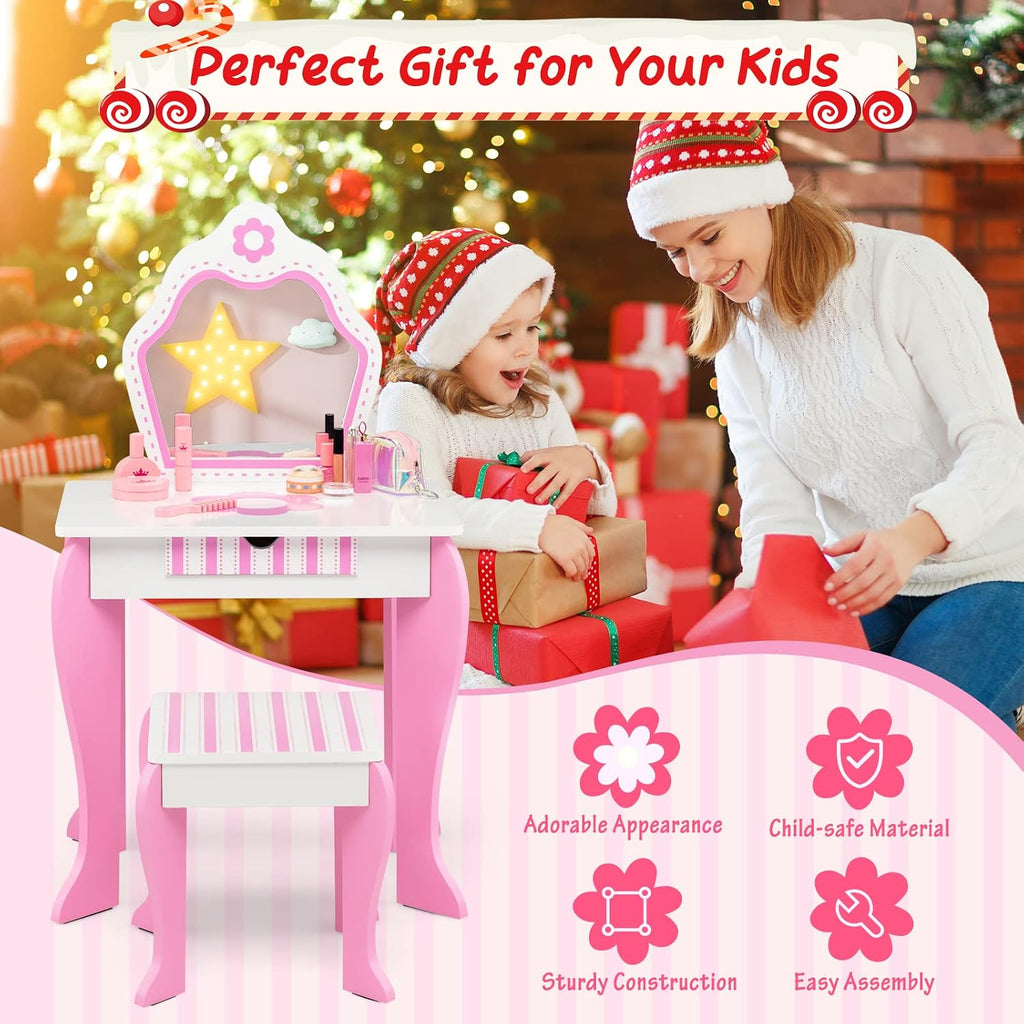 Costzon Kids Vanity, Girls Vanity Set with Mirror and Stool, Storage Drawer, Wooden Princess Makeup Dressing Table, Kids Vanity Table and Chair Set