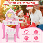 Costzon Kids Vanity, Girls Vanity Set with Mirror and Stool, Storage Drawer, Wooden Princess Makeup Dressing Table, Kids Vanity Table and Chair Set