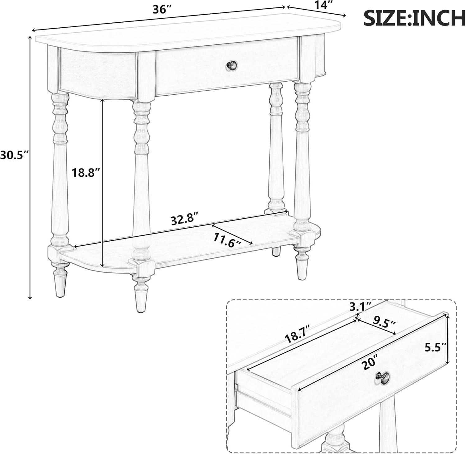 LKTART Solid Wood Corner-Curved Console Table,Farmhouse Space-Saving Entryway Sofa Table with Drawer & Open Shelf for Living Room,Hallway,Foyer(White 36")