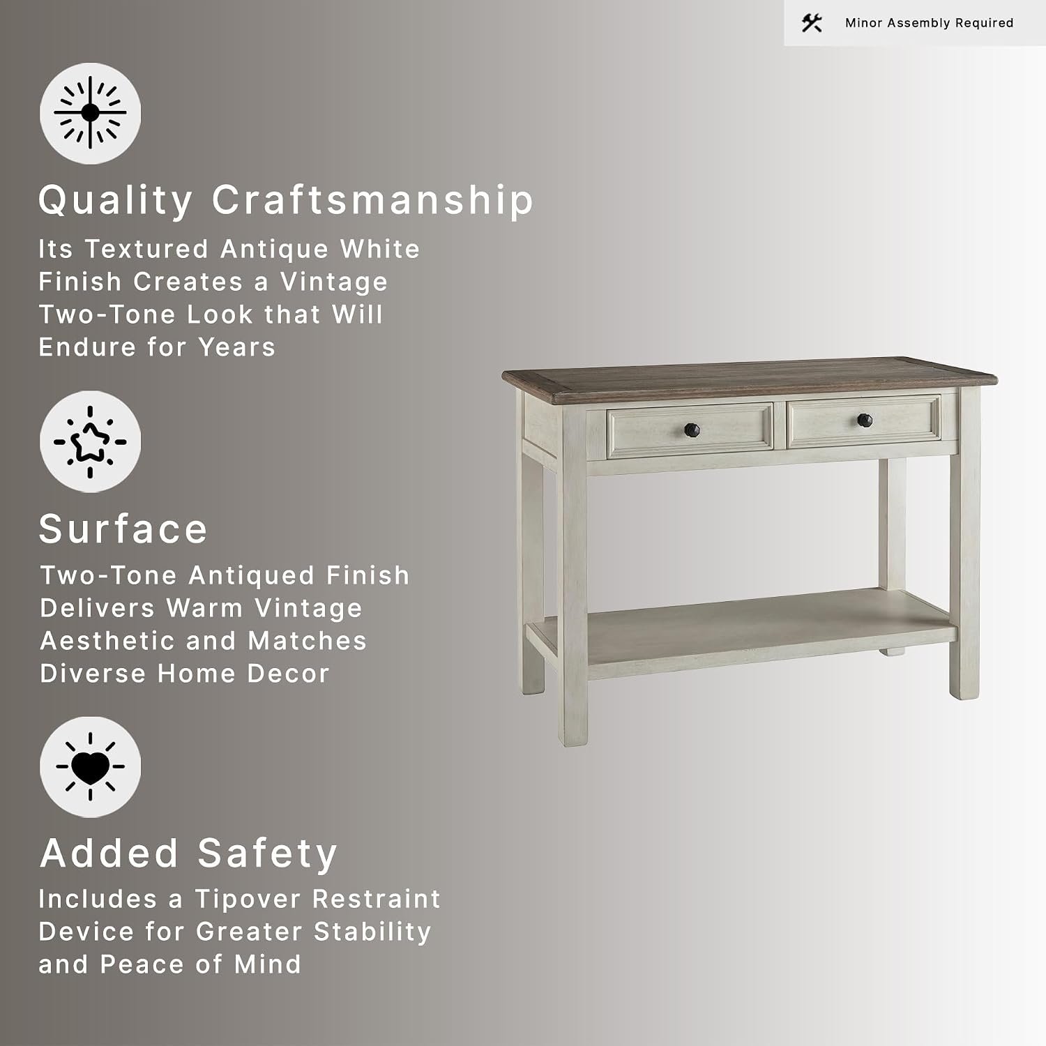 Signature Design by Ashley Bolanburg Farmhouse Sofa Console Table, White | Two-tone wood console, 22-inch deep storage, 2 smooth drawers, Made of veneers, wood and engineered wood