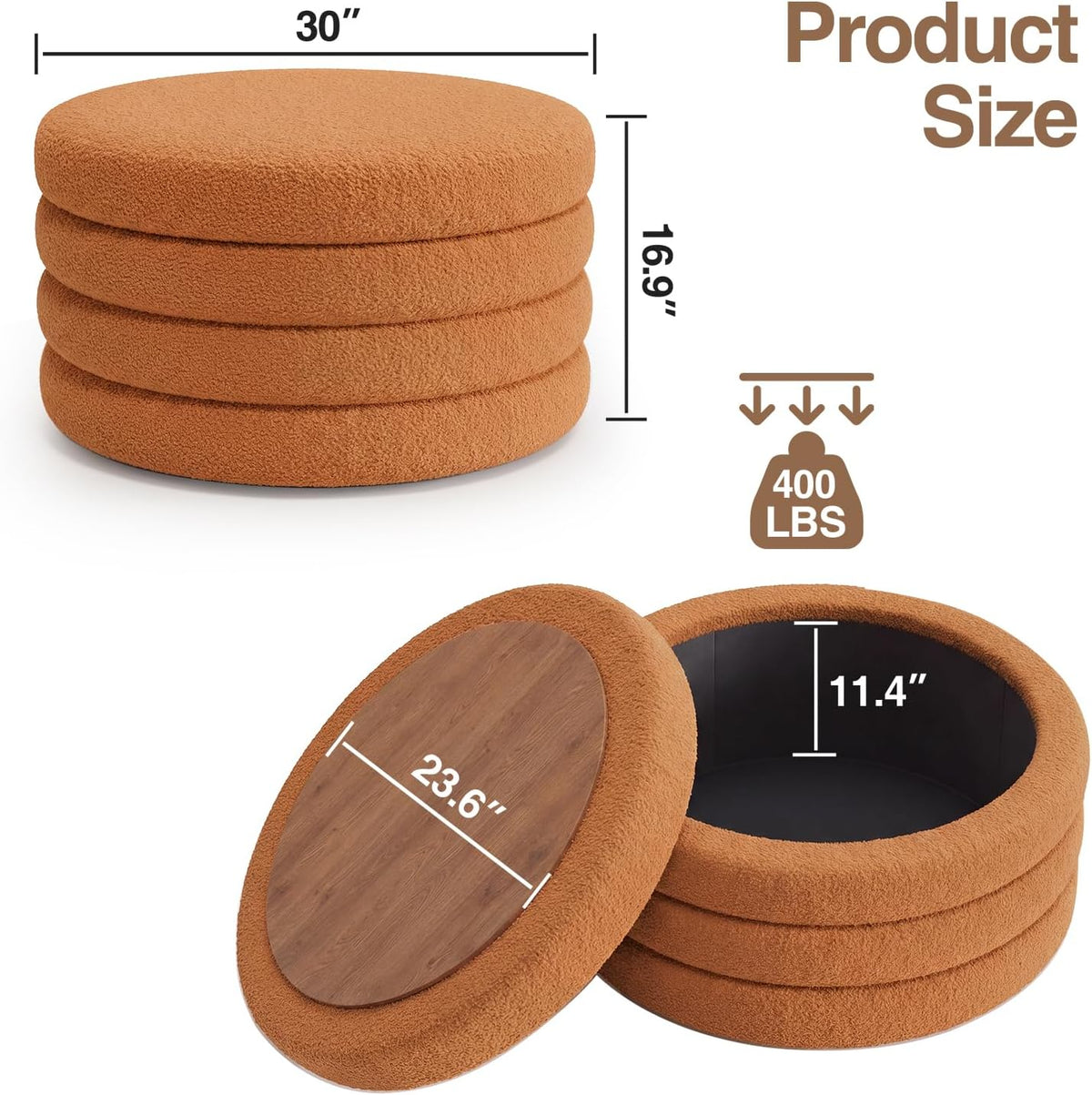FiveWillowise 30 Inch Round Ottoman with Storage,Large Sherpa Coffee Table | Modern Ottomans with Removable Lid Tray,Multi-Functional,Cozy Foot Rest for Couch,Living Room,Bedroom,Makeup Room,Brown