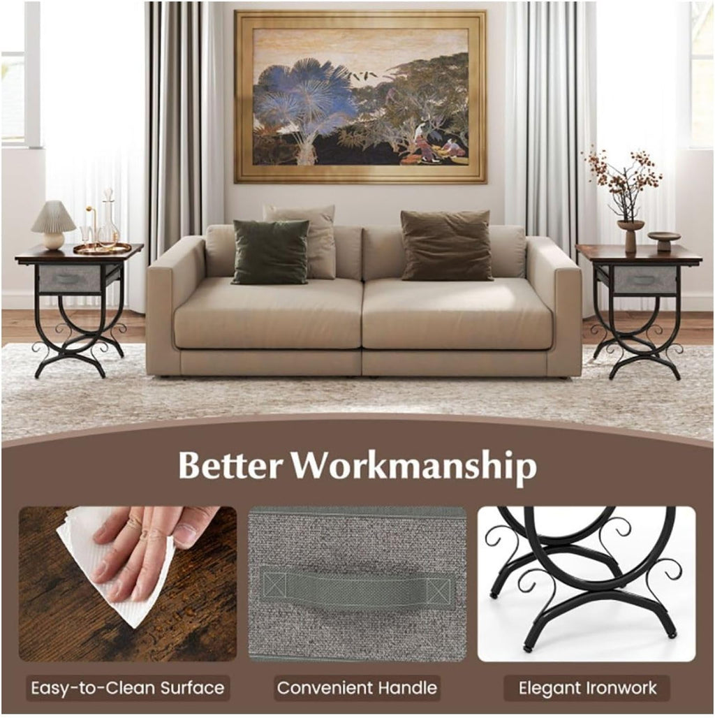 Side Table with Fabric Drawer & Metal Frame - Living Room, Bedroom - Black & Gray - 19" x 14" x 21"