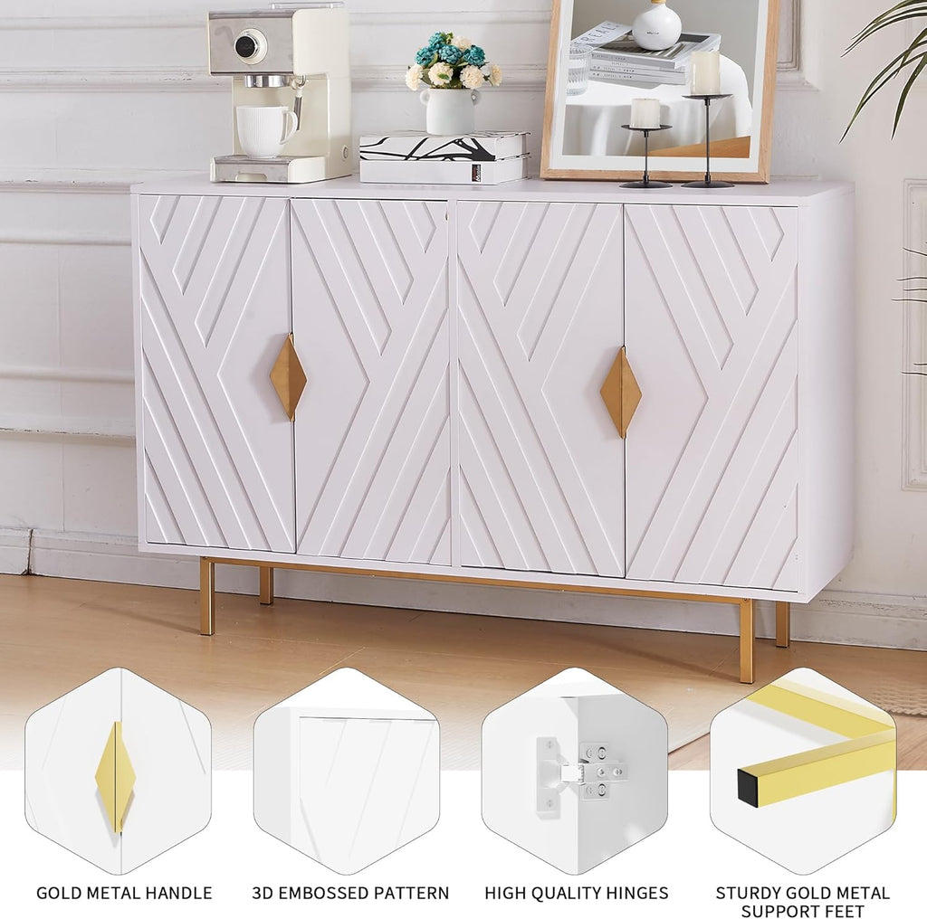 Sideboard Buffet Cabinets with Storage, Accent Storage Cabinets with Fluted Doors, Gold Metal Handle and Legs, Wood Console Table Credenza for Living Room, Entryway, White