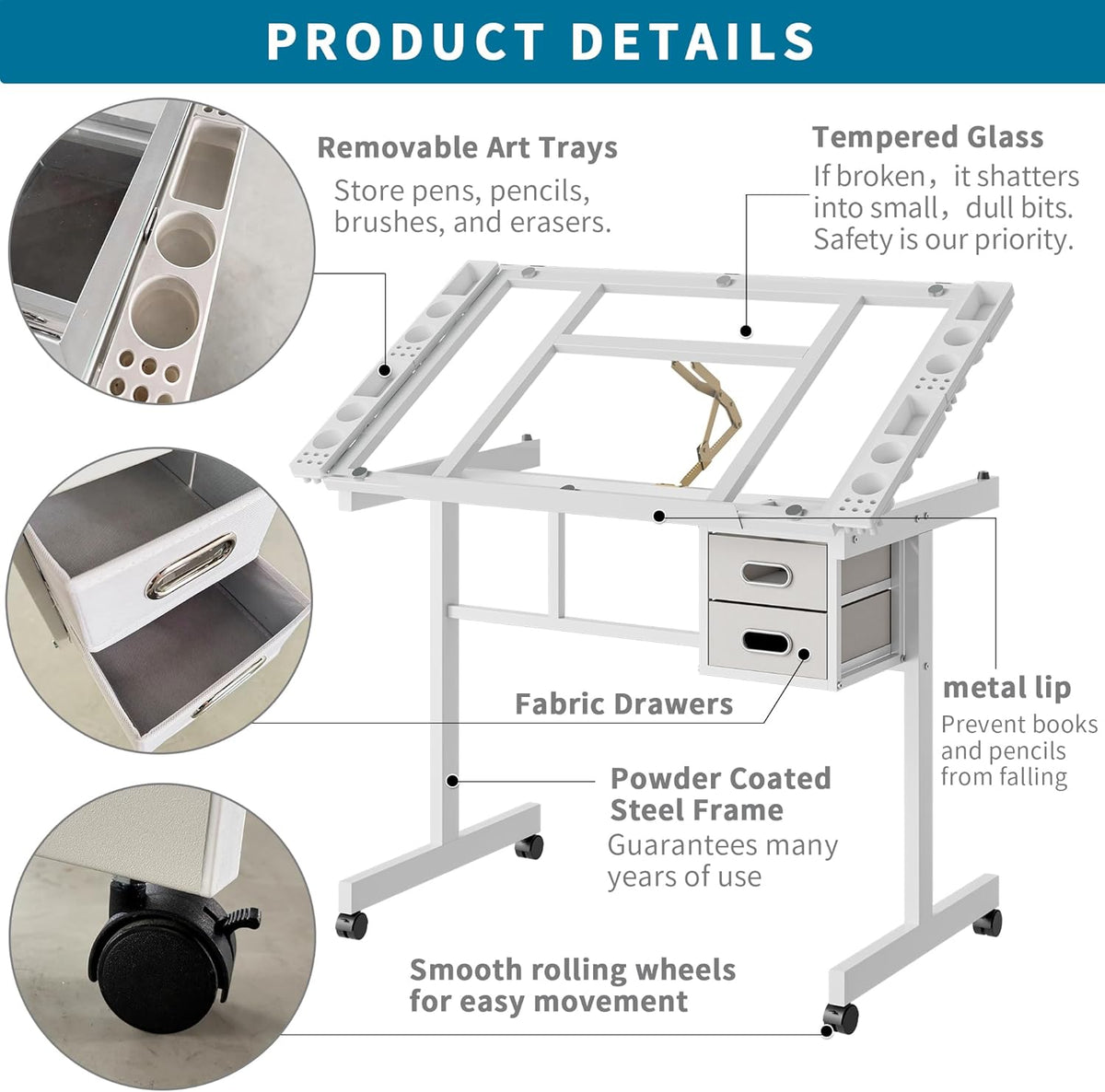 Rolling Drafting Table on Wheels, Painting Table Art Craft Desk Crafting Table with Tilting Transparent Tempered Glass Top, 2 Fabric Storage Drawers and 4 Wheels (White)