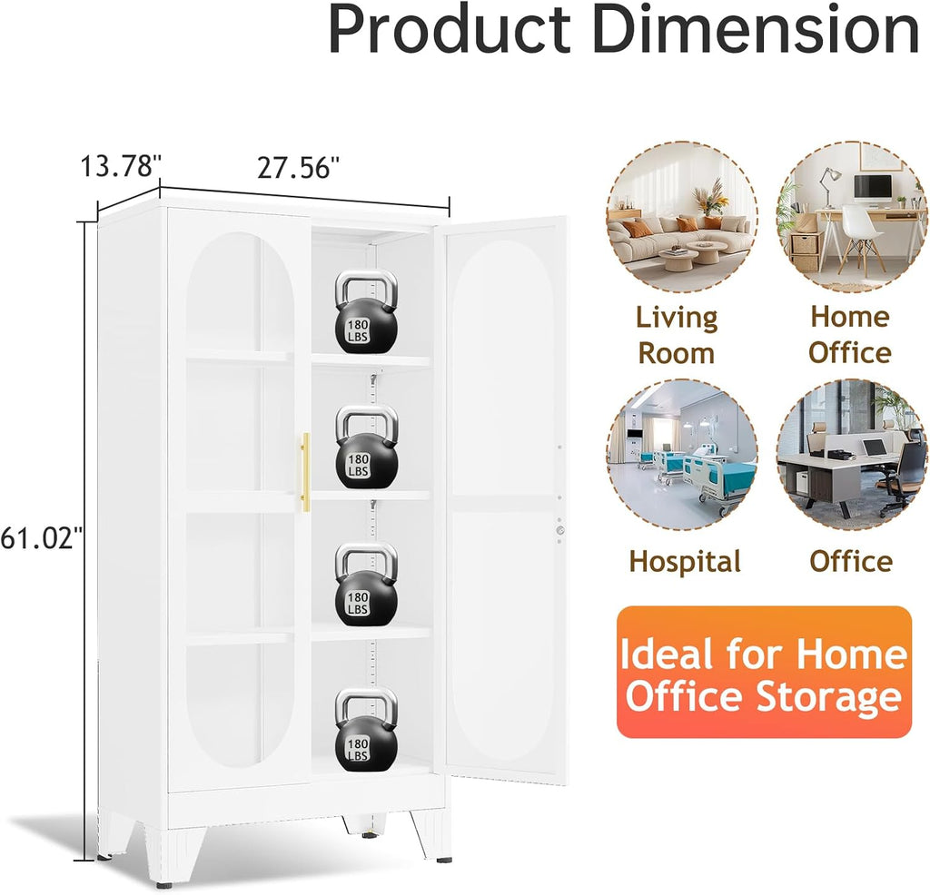 61" H Locking Display Cabinet with Glass Door, Tall Storage Cabinet with 3 Adjustable Shelves, Metal Curio Cabinet Multi-Purpose Display Case for Collectibles Living Room/Bedroom/Kitchen/Bar