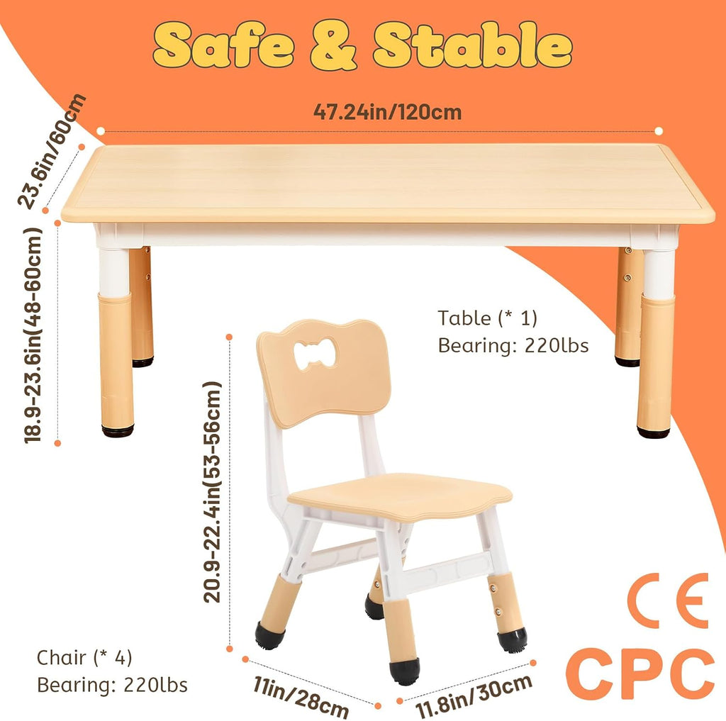 FUNLIO Kids Table and 4 Chairs Set and Adjustable Kids Chair (2pcs), Easy to Wipe Arts & Craftfor Classrooms/Daycares/Homes, CPC & CE Approved - Natural