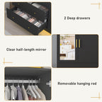 chartustriable 2 Doors Armoire Wardrobe Closet with Mirror, LED Closet with Doors and Drawers, Wooden Wardrobe Storage Cabinet with Hanging Rod, Small Armoire, Black