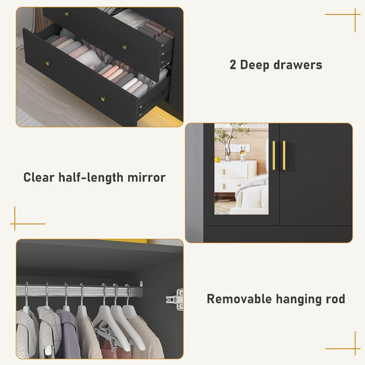 chartustriable 2 Doors Armoire Wardrobe Closet with Mirror, LED Closet with Doors and Drawers, Wooden Wardrobe Storage Cabinet with Hanging Rod, Small Armoire, Black