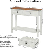 Knocbel Small Console Table with 2 Drawers with Metal Handles, Farmhouse Side Tables with Brown Woodgrain Top and Bottom Shelf for Entryway Living Room, 39.37" W x 11.61" D x 32.08" H, Antique White