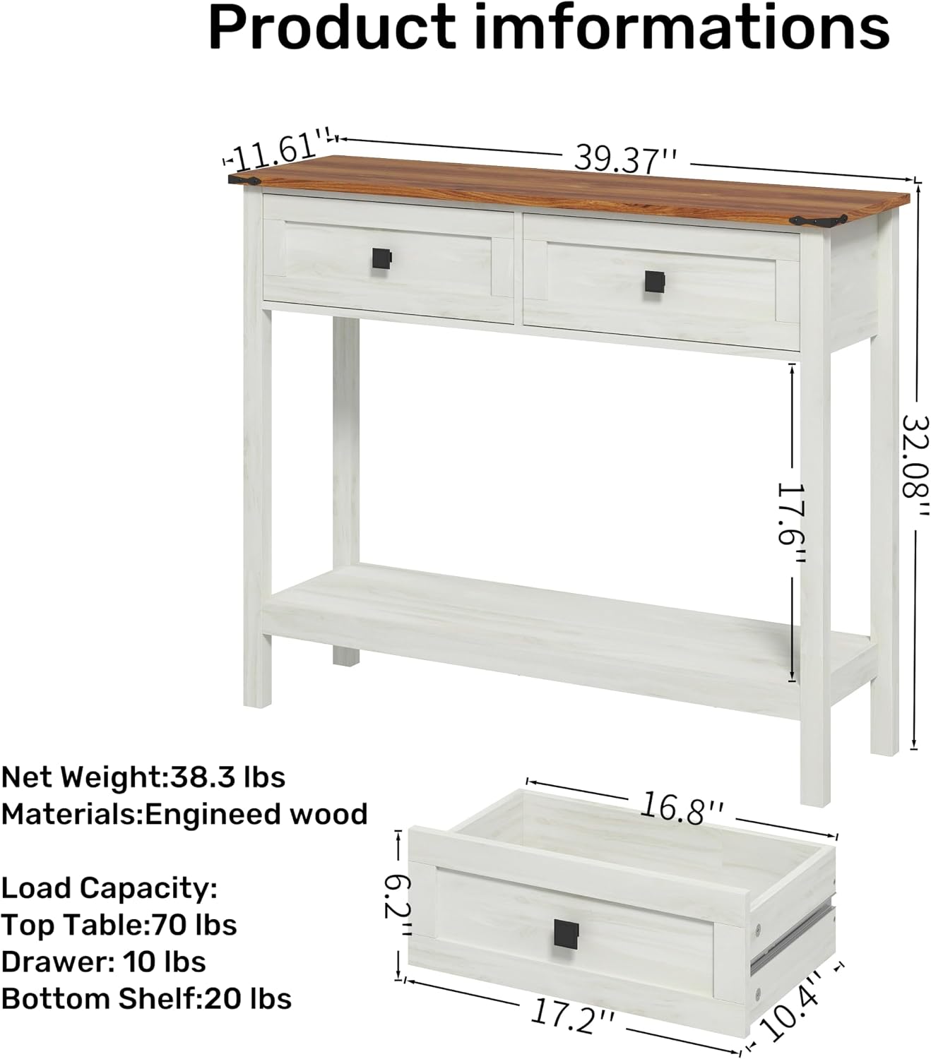 Knocbel Small Console Table with 2 Drawers with Metal Handles, Farmhouse Side Tables with Brown Woodgrain Top and Bottom Shelf for Entryway Living Room, 39.37" W x 11.61" D x 32.08" H, Antique White