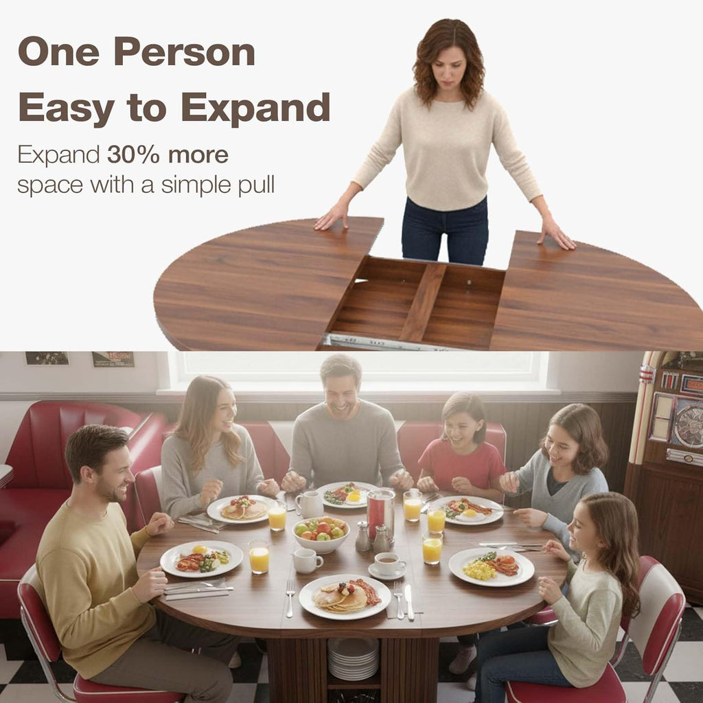 43.3''–59'' Extendable Round Dining Table for 4–8, Modern Wood Oval Kitchen Table with Storage Shelf, Space-Saving Expandable Circle Dinner Table for Dining Room or Living Room (Walnut)