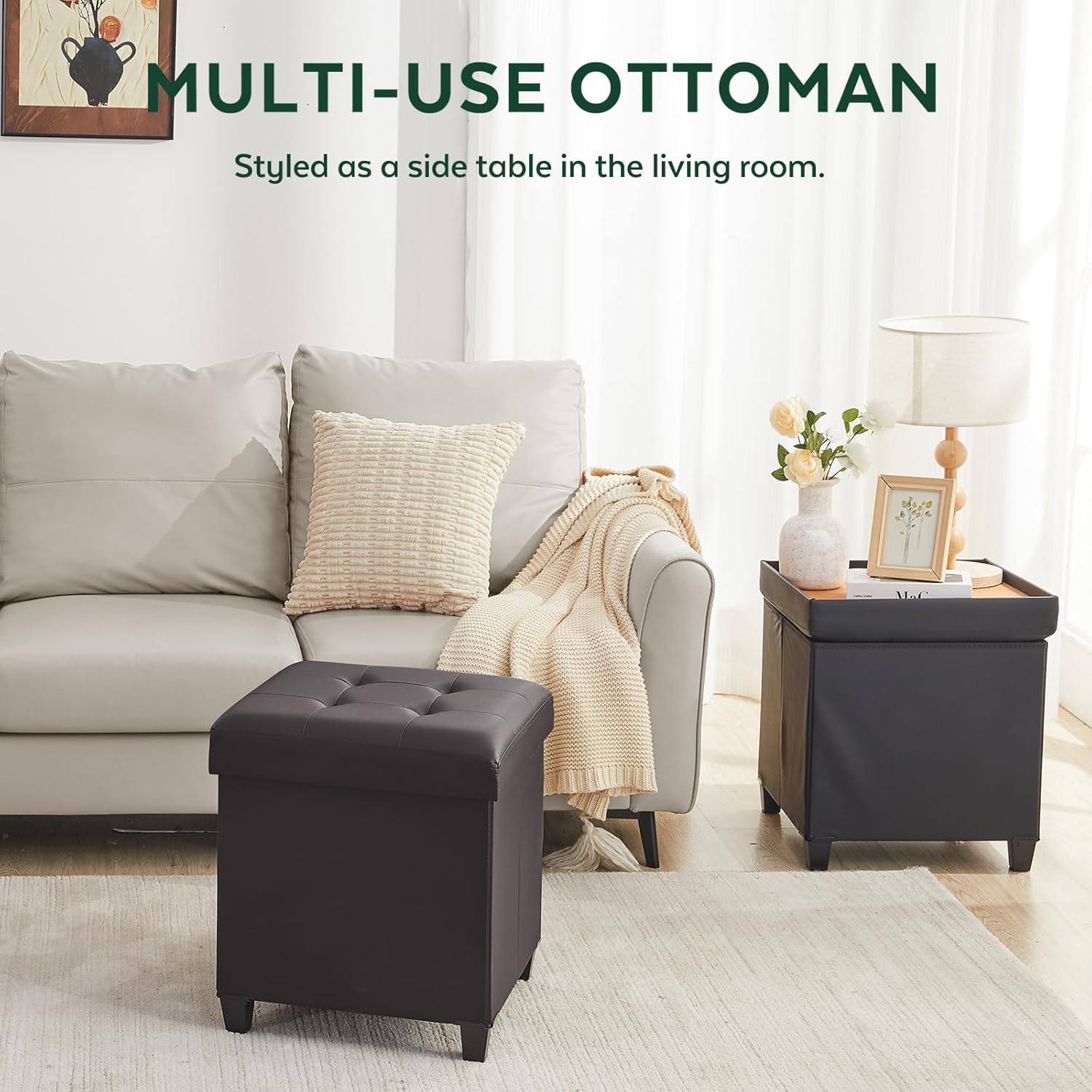 17.7" Ottoman with Storage, Square Storage Ottoman for Dorm, Faux Leather Ottomans with Legs for Living Room, Bedroom, Black