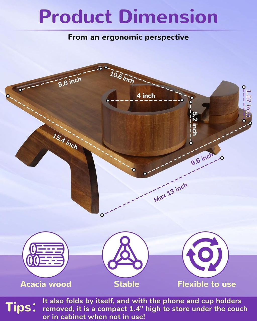 Couch Arm Tray Table with Oversized Cup Holder & Adjustable Phone Stand – Foldable Acacia Wood Sofa Armrest Clip Table for Wide Couches, Recliners, and Living Room Use