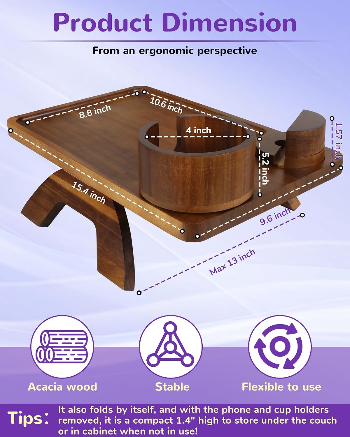 Couch Arm Tray Table with Oversized Cup Holder & Adjustable Phone Stand – Foldable Acacia Wood Sofa Armrest Clip Table for Wide Couches, Recliners, and Living Room Use