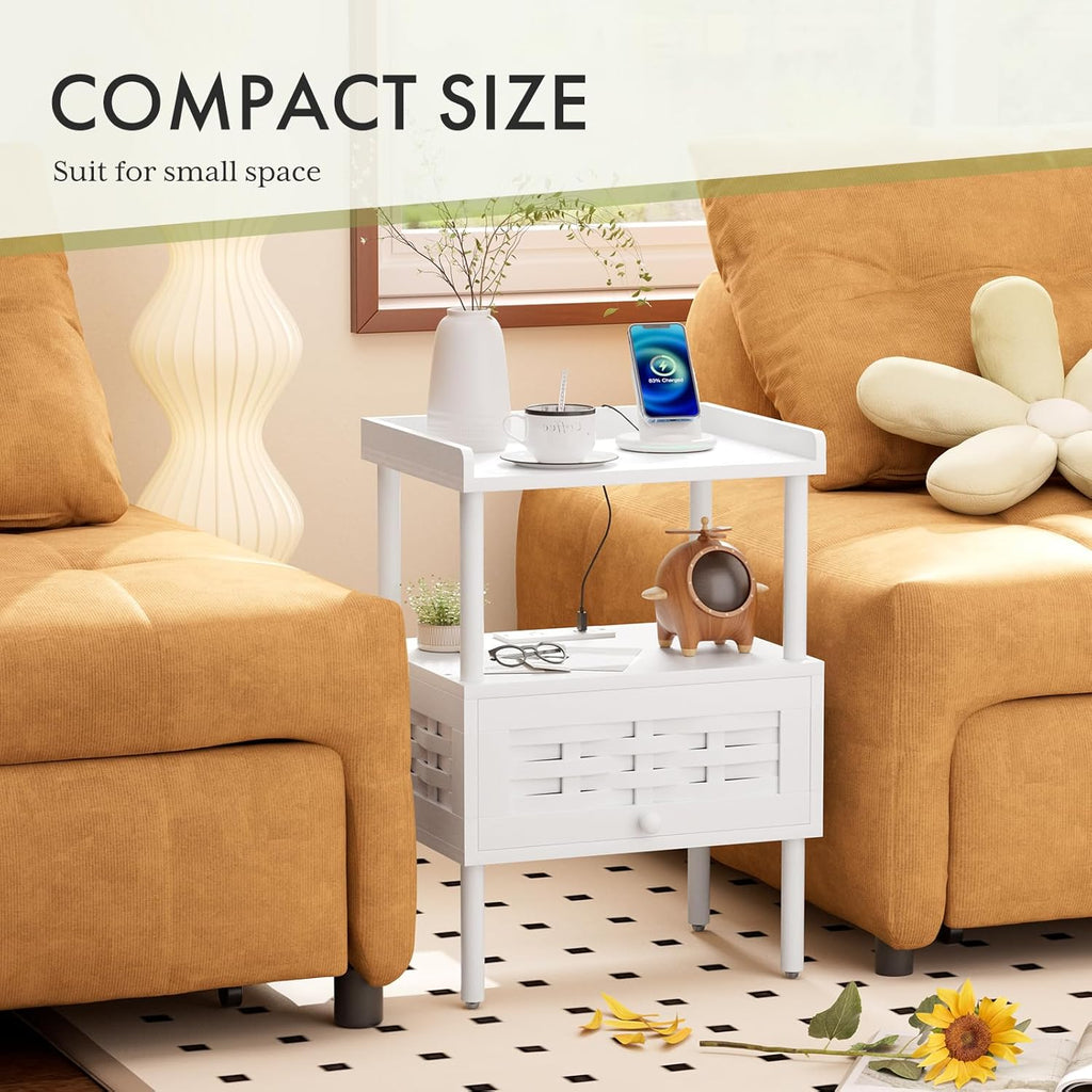 Amazer White Nightstand with Charging Station, Bamboo Night Stand for Bedroom, Bedside Table with USB Ports & Outlets, End Table with Lift-Up Drawer & Open Shelf