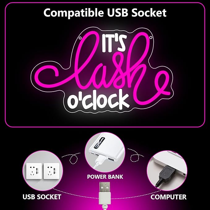 Lash Neon Sign, it's Lash O'Clock Led Neon Light Signs for Wall Decor Beauty Room Salon Nails Business Light up Sign for Lash Techs Girls Christmas Birthday Gift Dimmable USB Powered(14.2"*8.7")