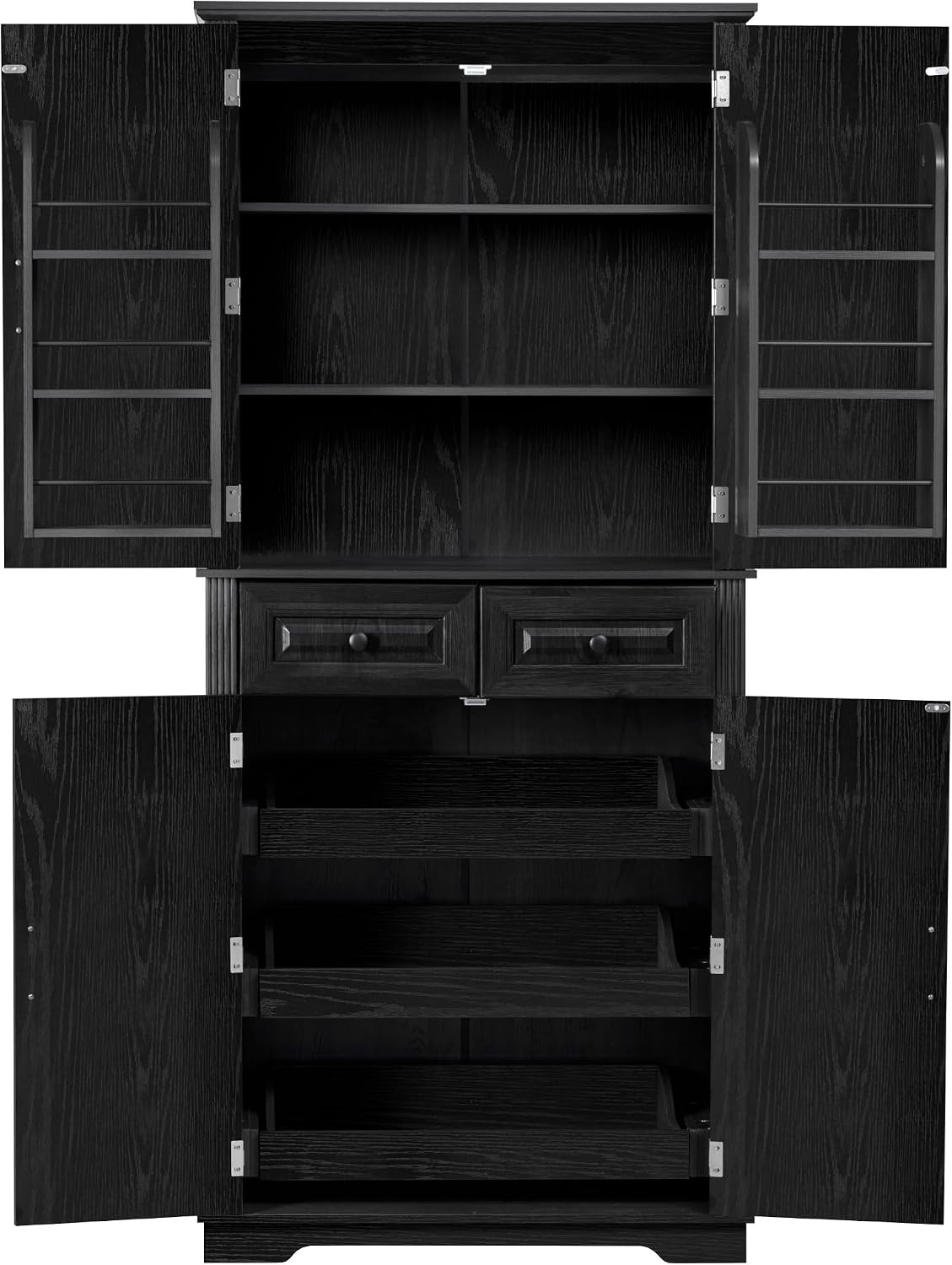 Ball & Cast 71" Farmhouse Kitchen Pantry Cabinet with 3 Pull-Out Organizers, Tall Storage Cabinet with 4 Doors, 2 Drawers, 6 Door Shelves & Adjustable Shelves, Freestanding Cupboard, Black