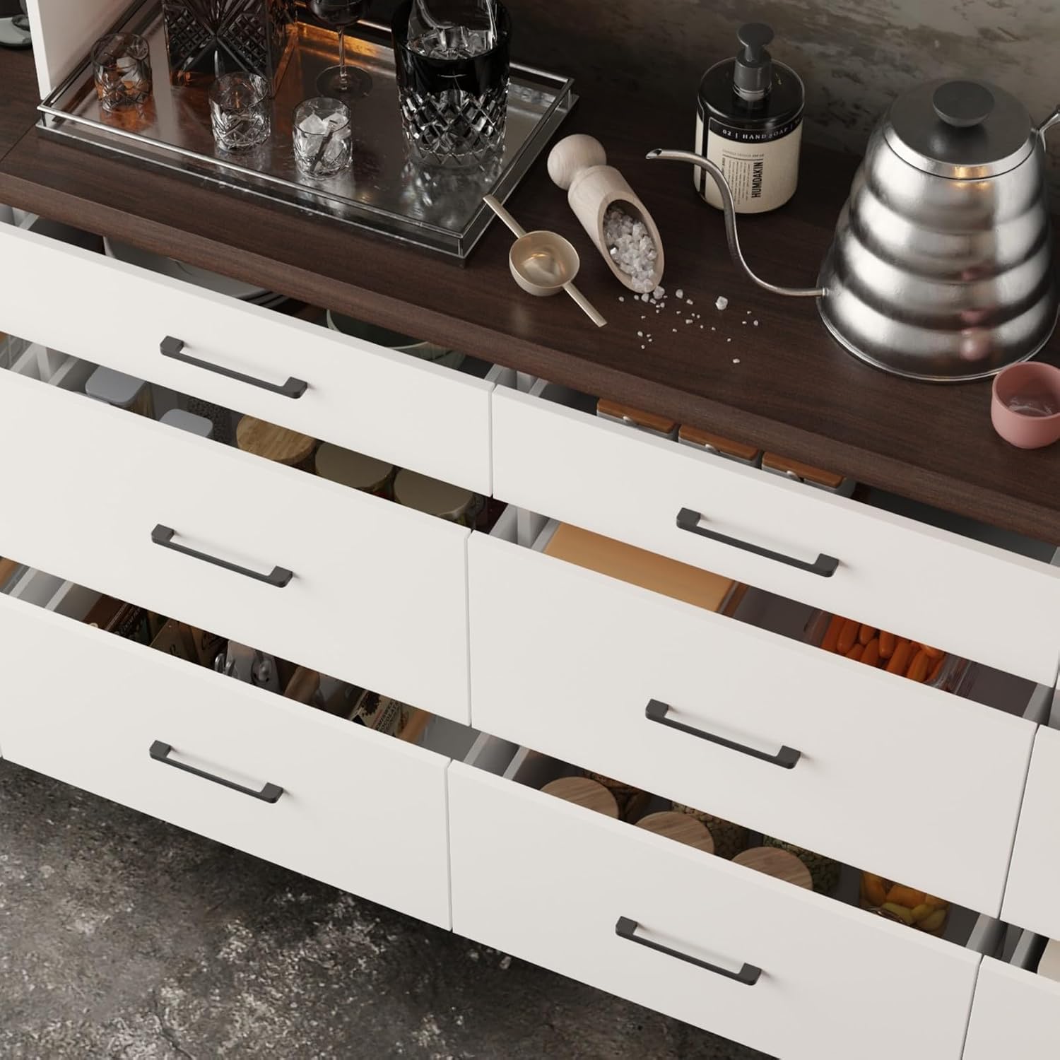 Kitchen Storage Cabinet with Glass Doors & Shelves, Kitchen Pantry with 12 Drawers, for Dining Room, White 94.5”W x 15.8”D x 83.3”H