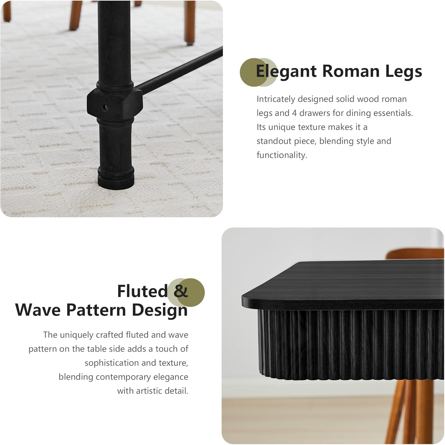 78 Inch Fluted Kitchen Dining Table for 6 8 10, Large Rectangular Kitchen Table with Drawers, Mid Century Modern Long Dinner Table Dining Room Tables with Solid Wood Legs for Home Living Room, Black
