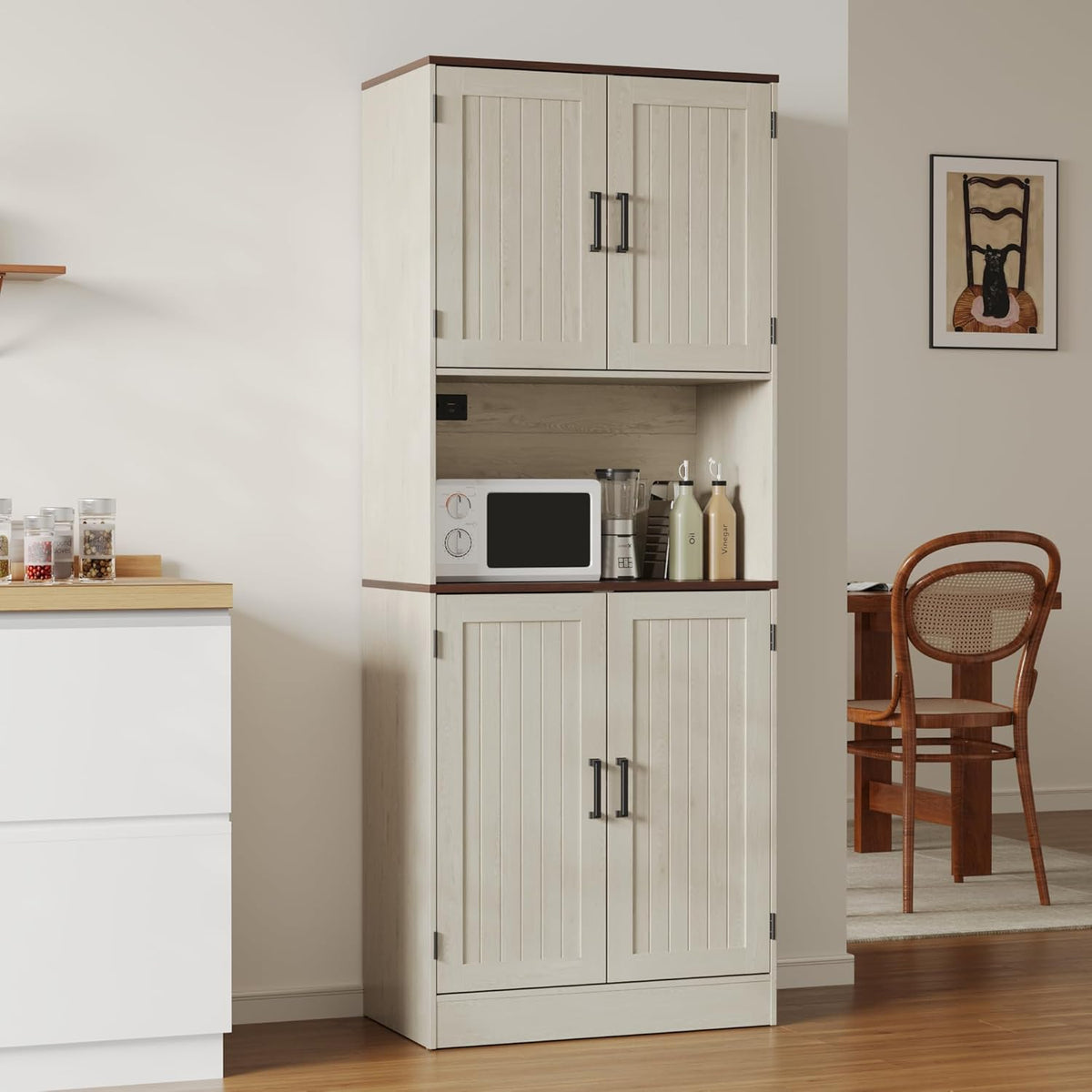 MHOM 71" Tall Pantry Cabinet with Charging Station, Farmhouse Kitchen Hutch with Adjustable Shelves, Modern Kitchen Pantry Storage Cabinet for Dinning Room & Living Room, Antique Oak