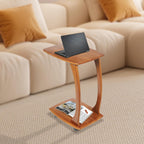 Solid Wood End Table with Rolling Wheels, C Shaped Side Table, TV Tray Table Small Accent Table, Couch Table That Slide Under for Small Space, Living Room, Bedroom or Office (Brown)