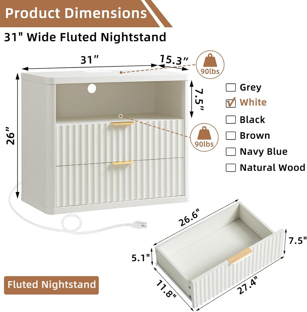 LEYAOYAO 31" Wide Fluted Nightstand Set of 2 with Charging Station, Oversized Extra Large 2 Drawers Night Stand, Antique White Bedside Table,Tall End Tables,Modern Chest of Drawer Dressers for Bedroom