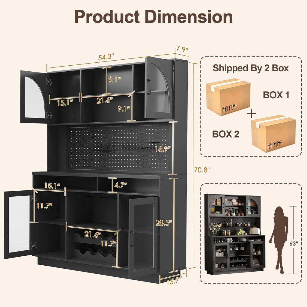 BINGTOO 71" Tall Kitchen Pantry Cabinet with Charging Station, 54" Large Kitchen Hutch with LED Lights & Pegboard, Coffee Bar Cabinet with Wine Rack and Adjustable Shelves (Black, 1 Cabinet)