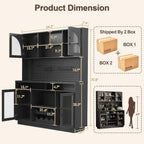 BINGTOO 71" Tall Kitchen Pantry Cabinet with Charging Station, 54" Large Kitchen Hutch with LED Lights & Pegboard, Coffee Bar Cabinet with Wine Rack and Adjustable Shelves (Black, 1 Cabinet)