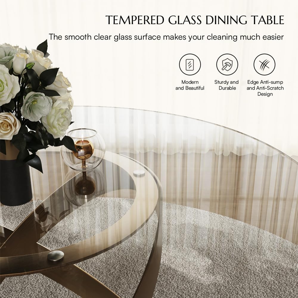 POVISON 51" Modern Round Dining Table, Glass Round Kitchen Table for 4, Tempered Glass Dining Room Table top with Bronze X Carbon Steel Base (Dining Table Only)