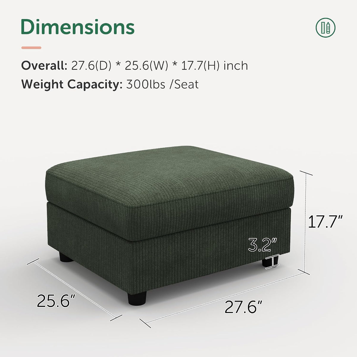 HONBAY Modern Corduroy Ottoman Module Sofa, Ottoman Bench with Storage, Green