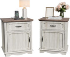 Halitaa Nightstands Set of 2 with Charging Station, White Oak | Bedside Table with Large Drawer, Side Table with Storage Cabinet and Adjustable Shelf, Farmhouse End Table for Bedroom