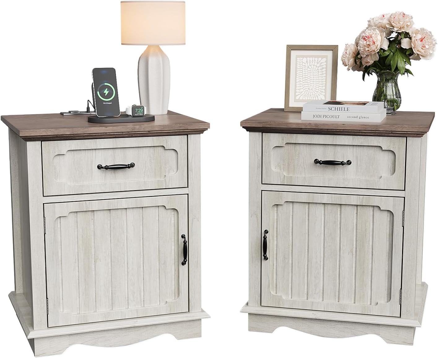 Halitaa Nightstands Set of 2 with Charging Station, White Oak | Bedside Table with Large Drawer, Side Table with Storage Cabinet and Adjustable Shelf, Farmhouse End Table for Bedroom