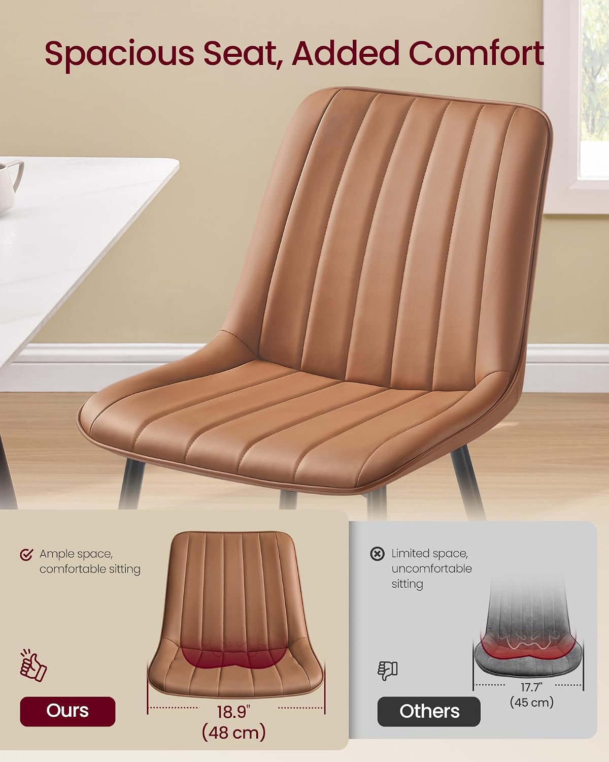 VASAGLE Dining Chairs Set of 2, Upholstered Kitchen Chairs, Synthetic Leather, Max. Load 264 lb, Steel Legs, Curved Backrest, for Dining Room, Caramel Brown and Ink Black ULDC090KN03