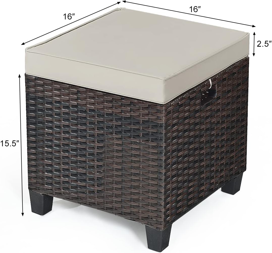 ORALNER Set of 2 Outdoor Ottoman, 16" Wicker Footstools, All-Weather Rattan Cube Foot Stool w/Removable Cushions, Square Footrest Extra Seating for Patio, Porch, Deck, Easy Assembly (Light Brown)